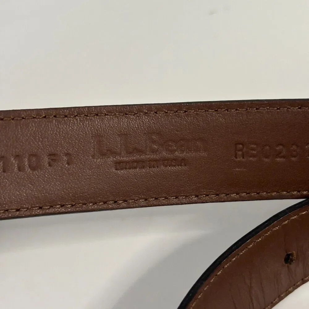 LL Bean Men Leather Dress Belt Gold Buckle Vintage Made in USA Brown Size 44